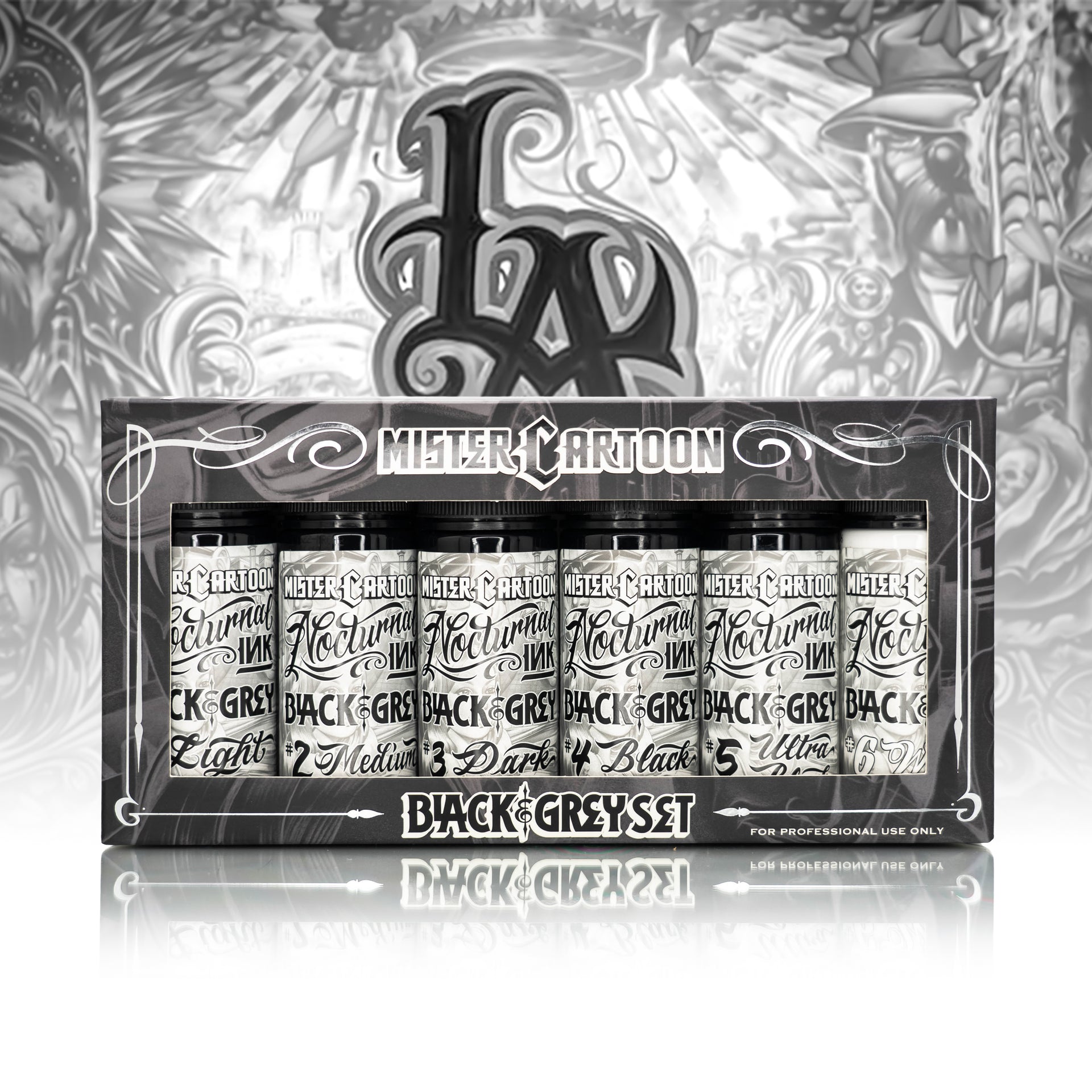 Bishop x Mister Cartoon Nocturnal Ink - Black & Grey 4oz Ink Set (6 Units)