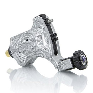 V6 Platinum Silver Bio-Mech — Hand-Engraved Bishop Rotary Tattoo Machi