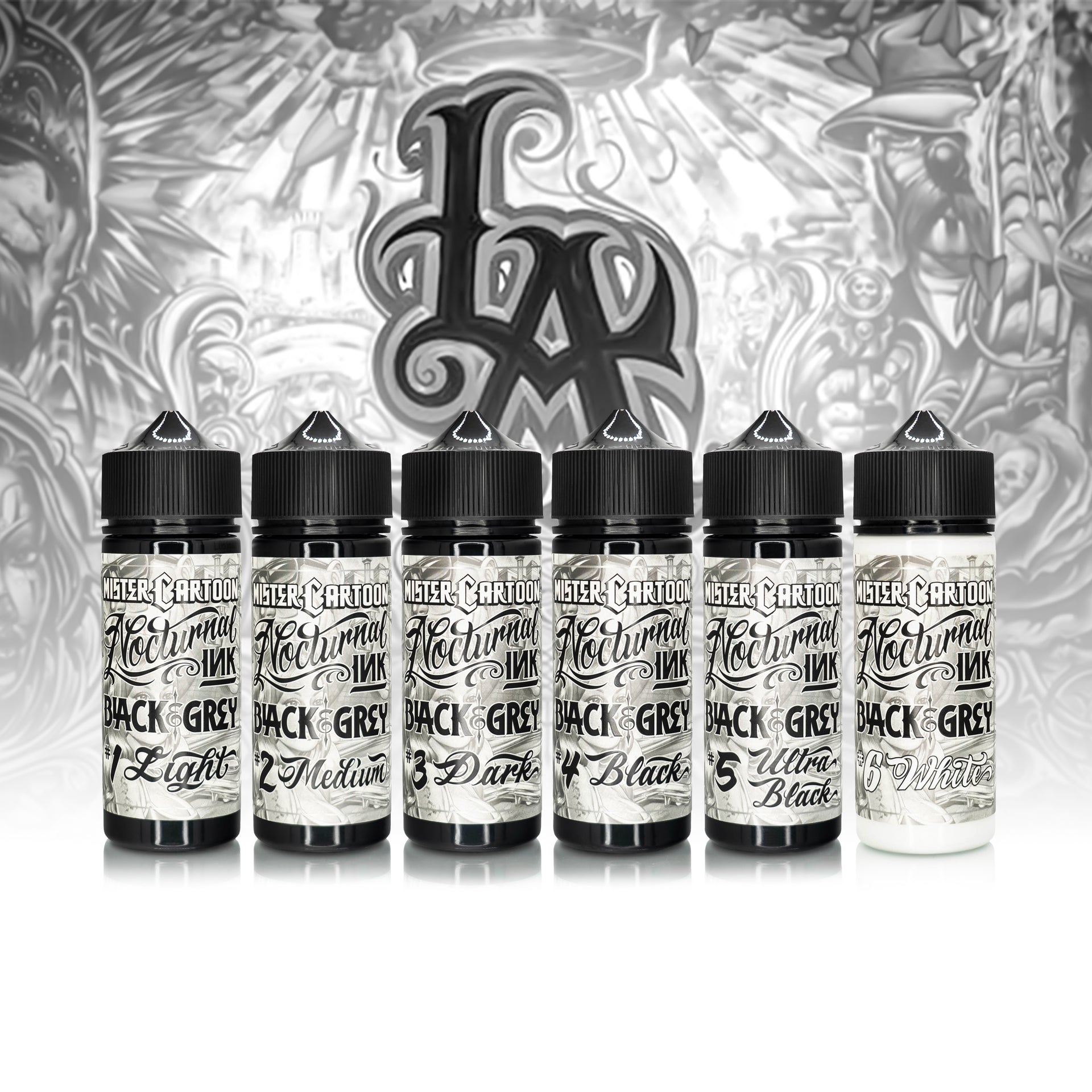 Bishop x Mister Cartoon Nocturnal Ink - Black & Grey 4oz Ink Set (6 Units)